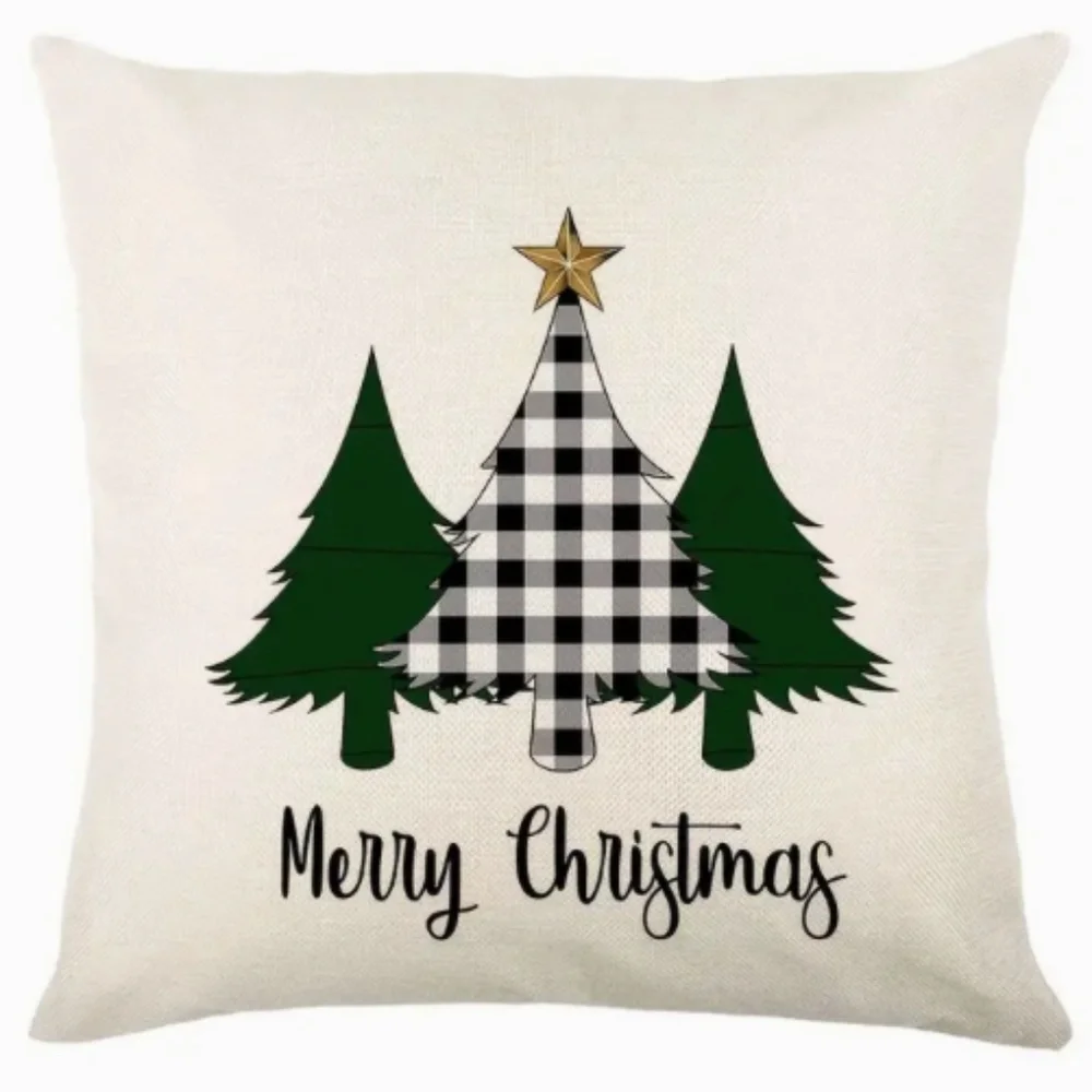 NEW HOLIDAYS MERRY CHRISTMAS BUFFALO CHECK TREES STAR LINEN PILLOW COVER 17.7